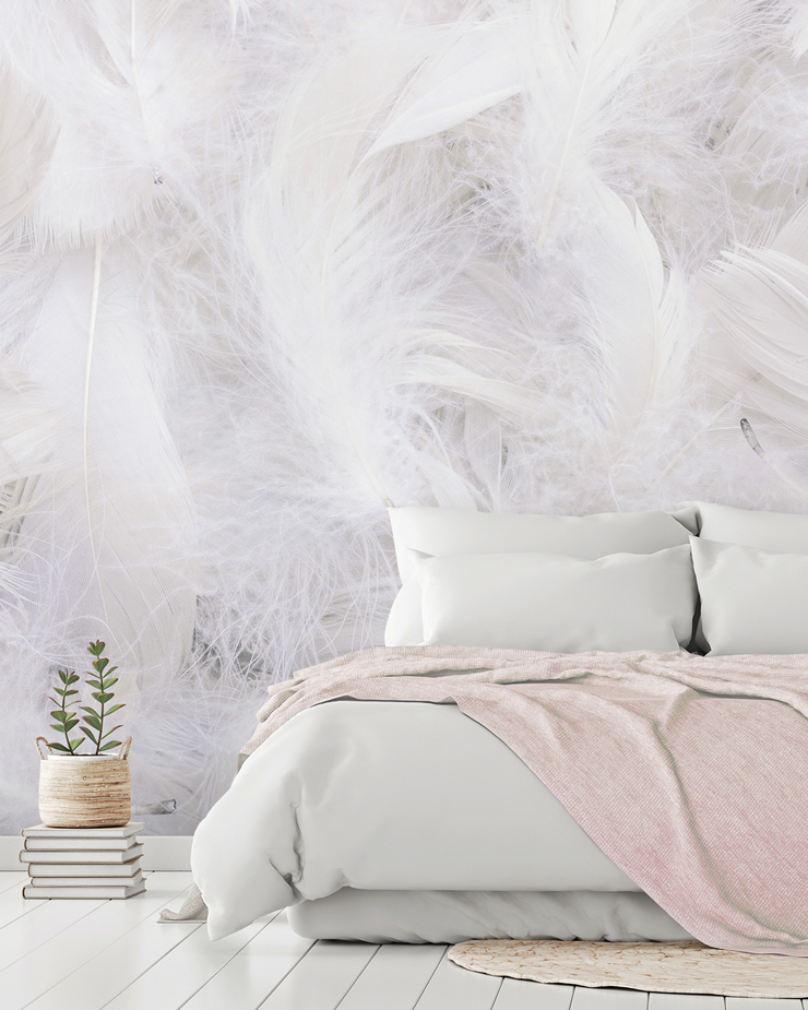 feather mural in cozy bedroom