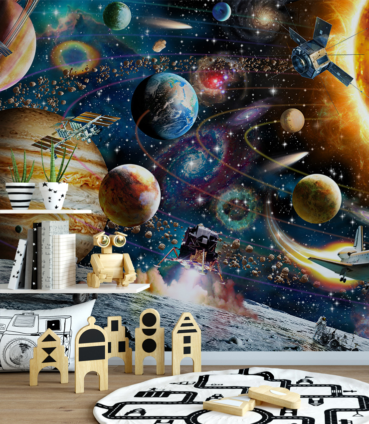 space wall mural in playroom