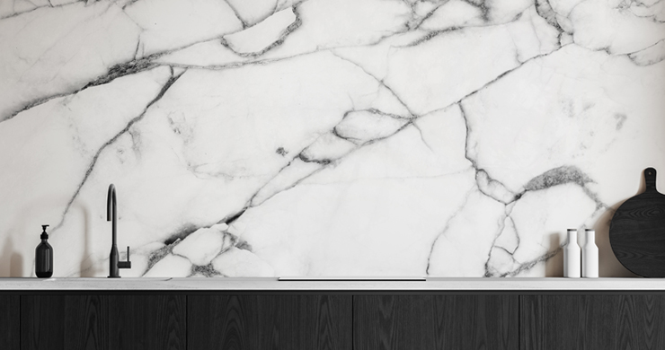 black and white kitchen with a marble wall mural