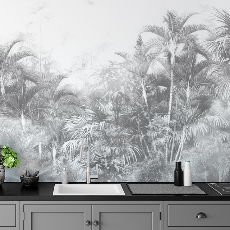 black and white jungle wallpaper mural for kitchen