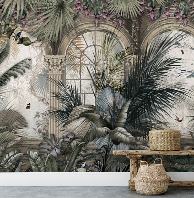 muted green tropical wallpaper mural for a kitchen