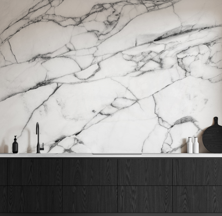 marble mural wallpaper in black and white kitchen