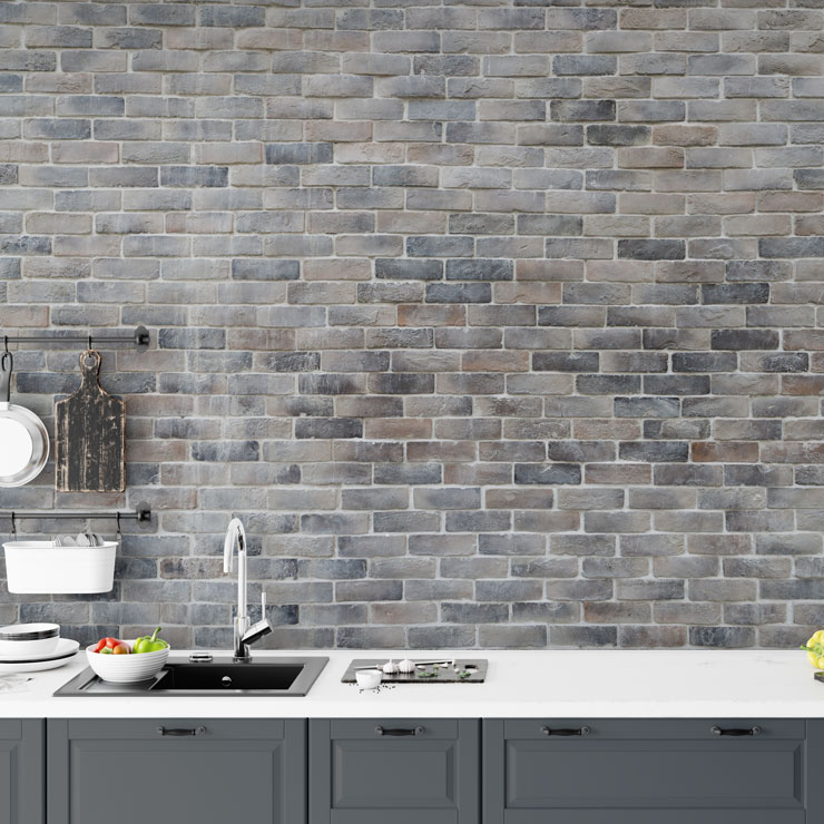 textured brick mural wallpaper for a black and white kitchen