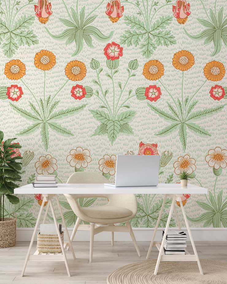 William Morris floral wallpaper for a home office