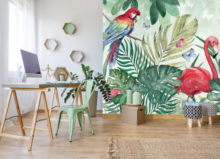 colourful jungle wallpaper mural for home office