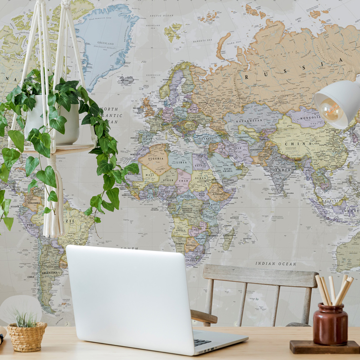 world map wallpaper mural in home office