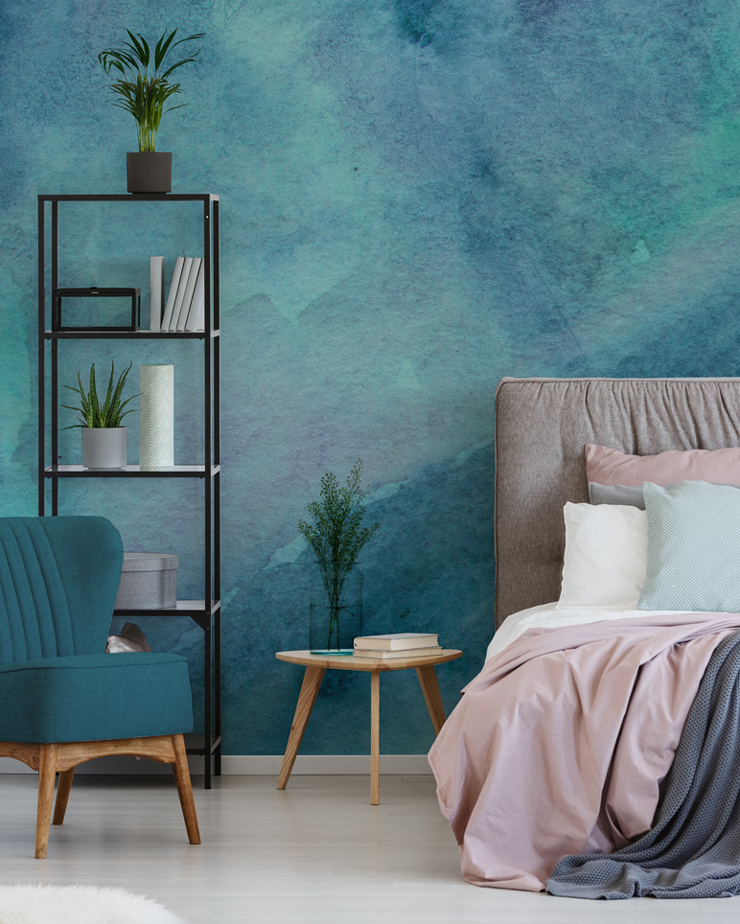 blue watercolour mural in bedroom