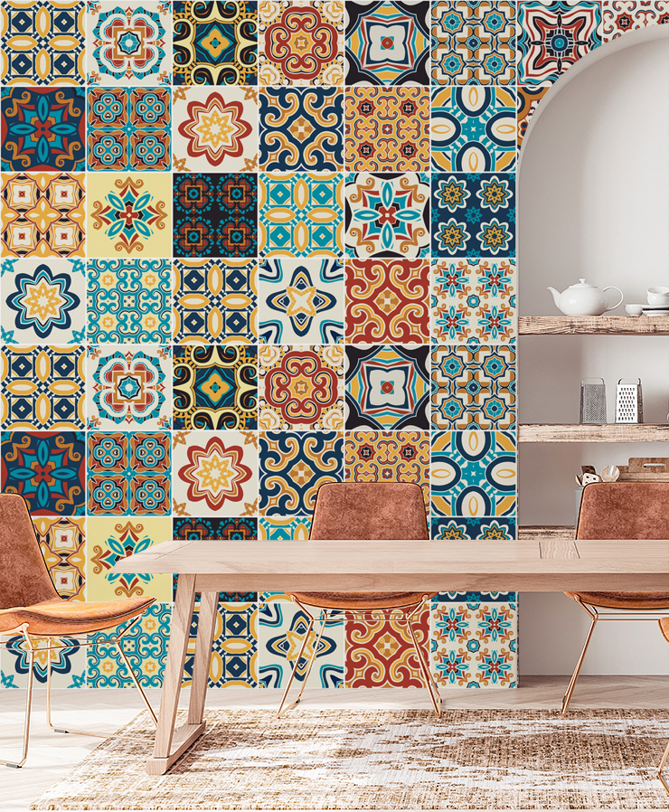 terracotta and blue tile wallpaper mural for dining room