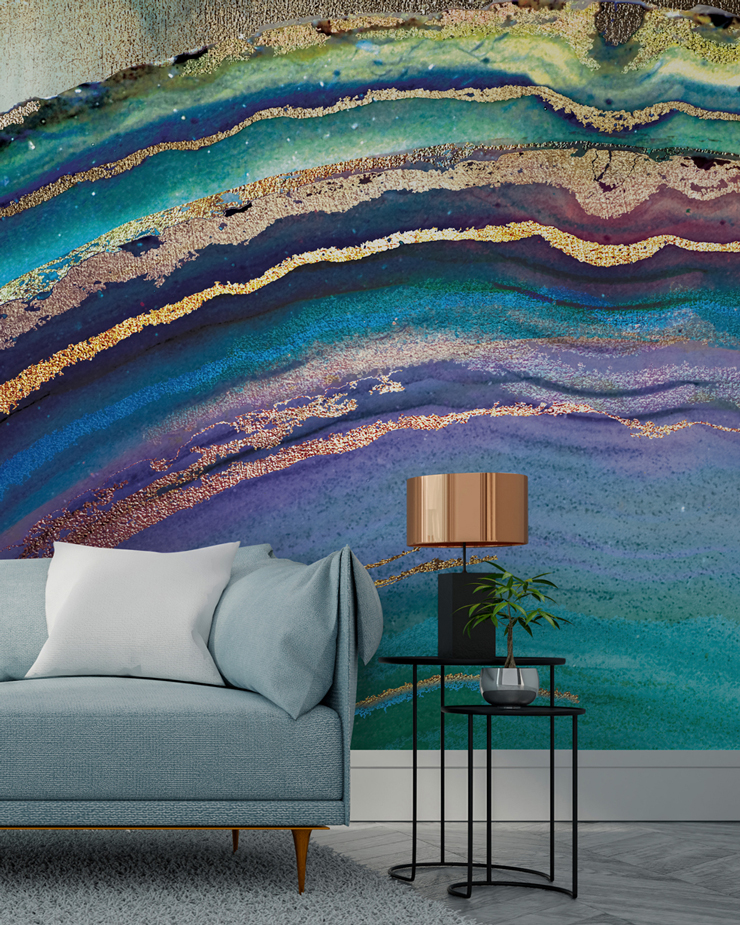 colourful custom geode wallpaper called Rainbow Agate Island by Lara Skinner for living rooms