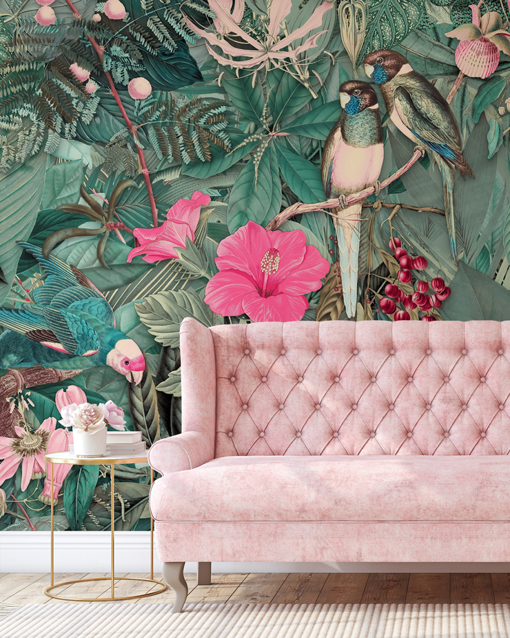 green and pink custom wallpaper mural called Green in the Jungle by Andrea Haase 