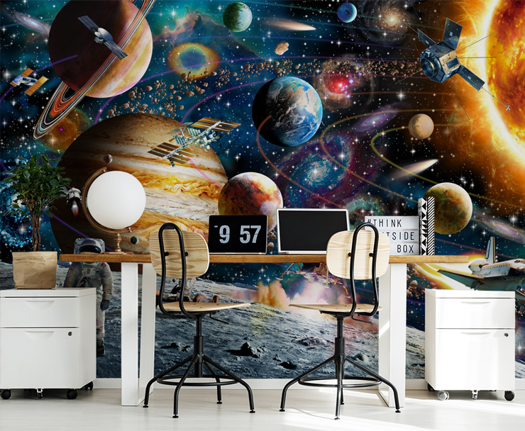 colourful space wallpaper mural for kid's study room