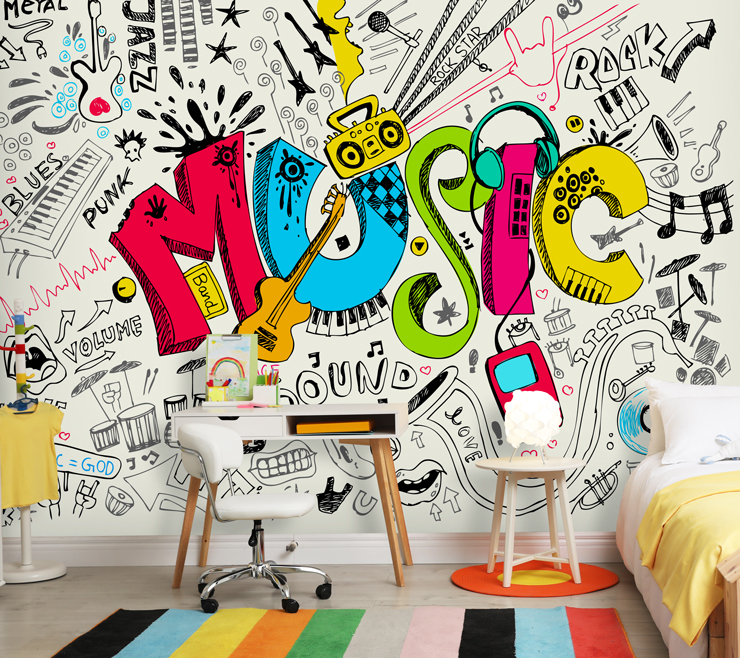 colorful music wallpaper mural for kid's study room