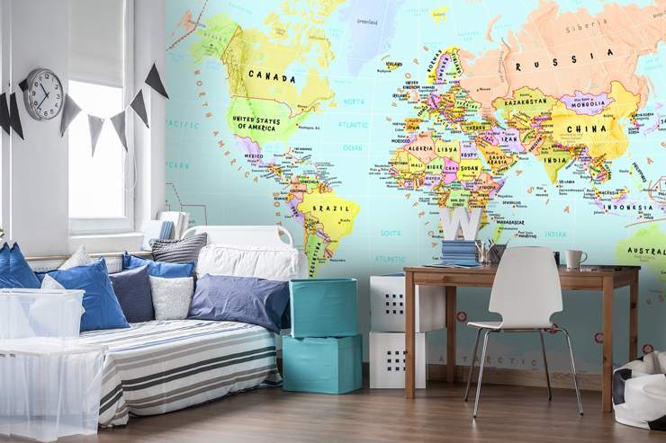 colourful world map for kid's study room