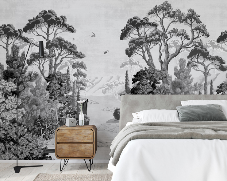 black and white jungle wallpaper mural for men's bedroom