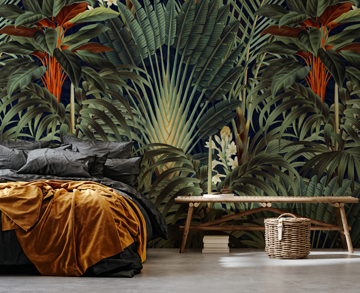 dark green jungle wallpaper mural called Palm Jungle for men's bedroom