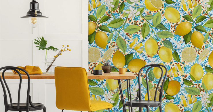 bright yellow and blue wallpaper mural called Mediterranean Summer for kitchens