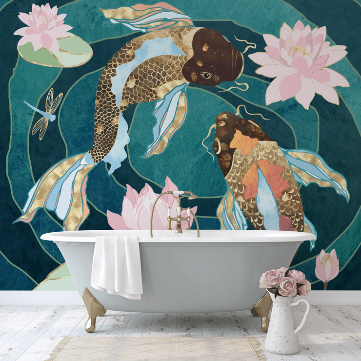 blue and green wallpaper mural called Metallic Koi III for bathrooms