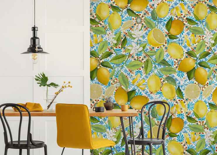 bright yellow lemon wallpaper called Mediterranean Summer for kitchens