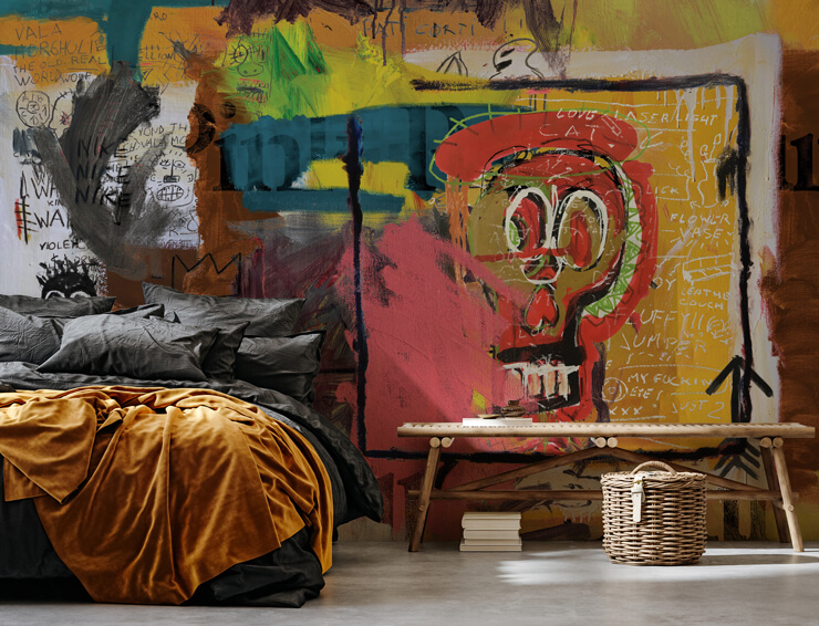 yellow graffiti wallpaper mural called Skull Head by PinkPankPunk for teen bedrooms