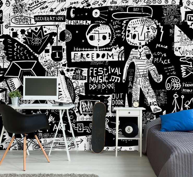 black and white graffiti wallpaper called Graffiti - Black and White for teen's bedroom