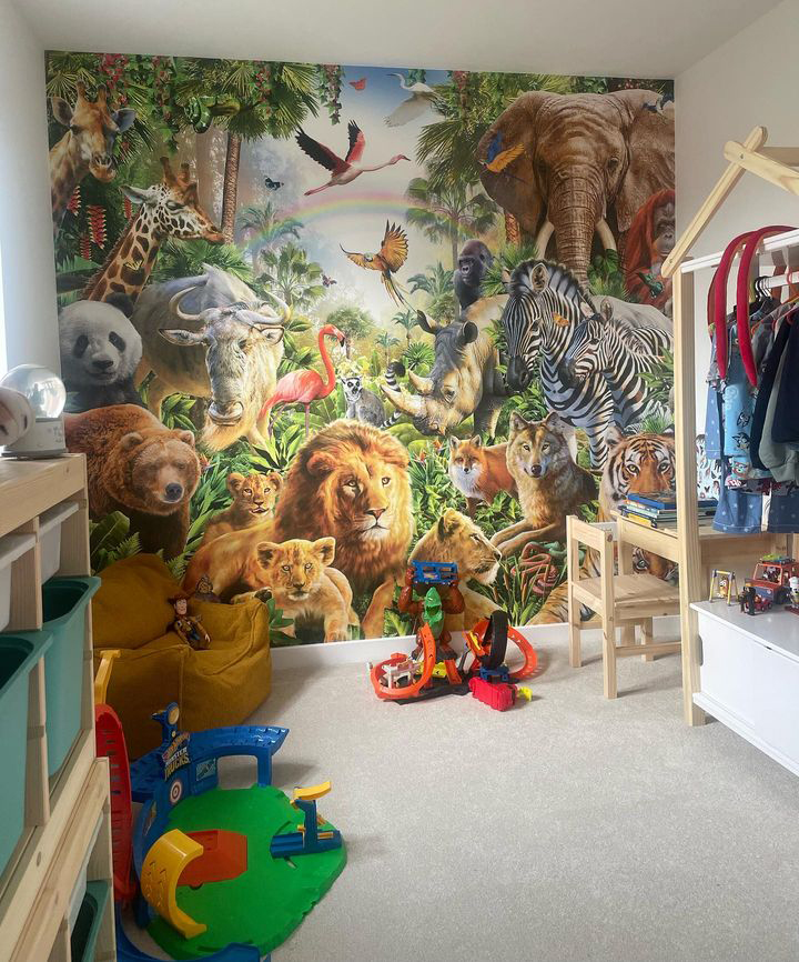 colourful safari wallpaper mural for child's bedroom