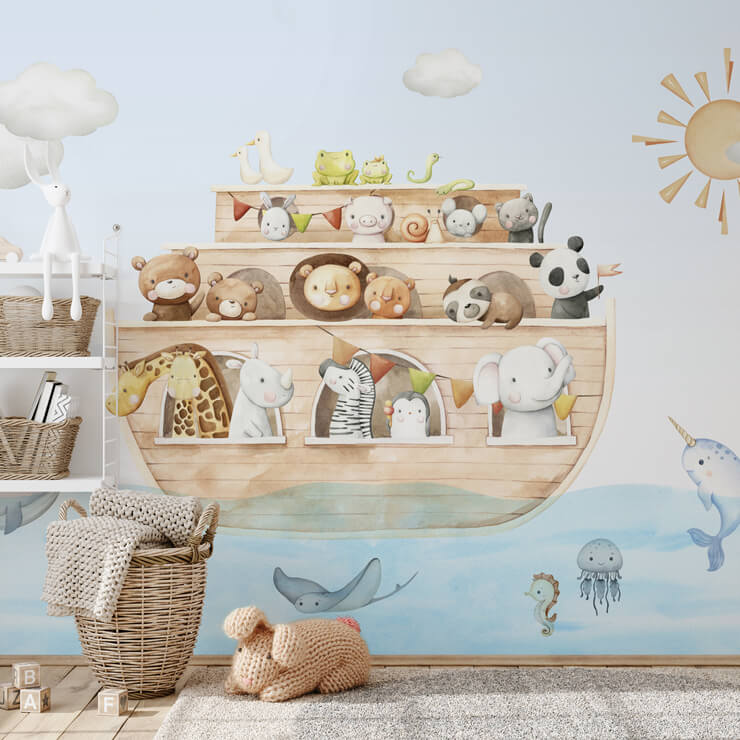 colourful noah's journey wall mural for nursery and child's bedroom