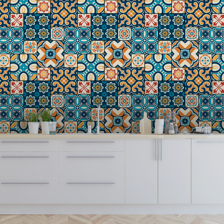 Orange and Navy Tiles wall mural for kitchens