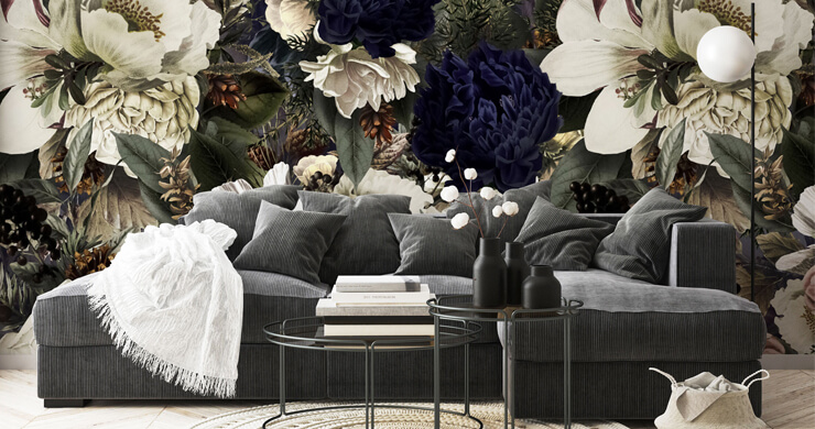 midnight bouquet wall mural for a cozy living room