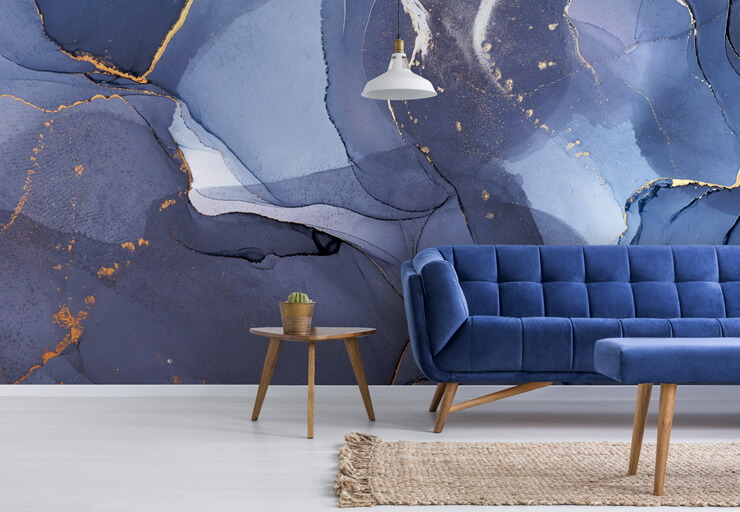 blue swirl watercolor wall mural for a cozy living room