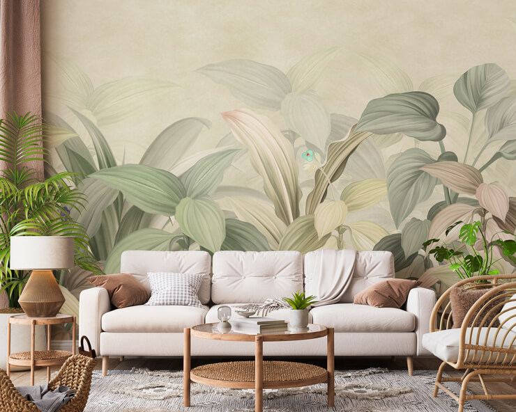 green leafy paradise wall mural for a cozy living room