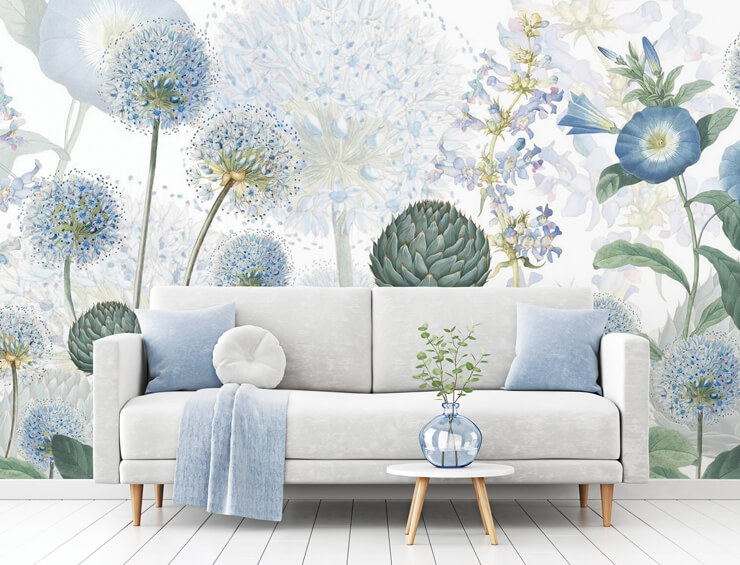 blue wild meadow wallpaper mural for a cozy living room idea