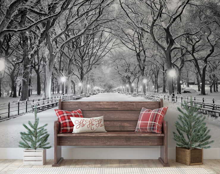 central park covered in snow wall mural for neutral christmas decor