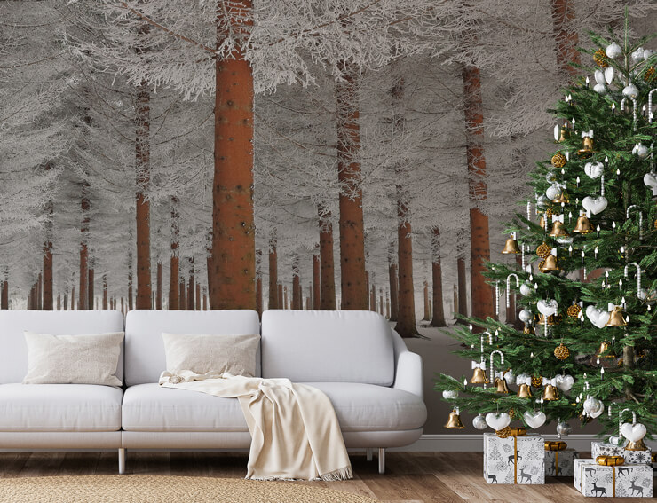 In White forest wall mural for neutral christmas decor