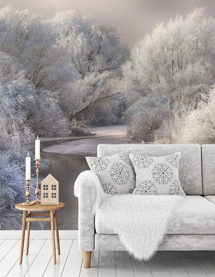 winter trees wall mural for neutral christmas decor