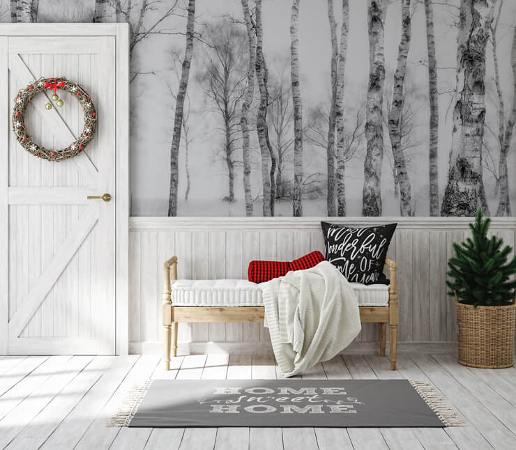 sketch effect forest wall mural for neutral christmas decor