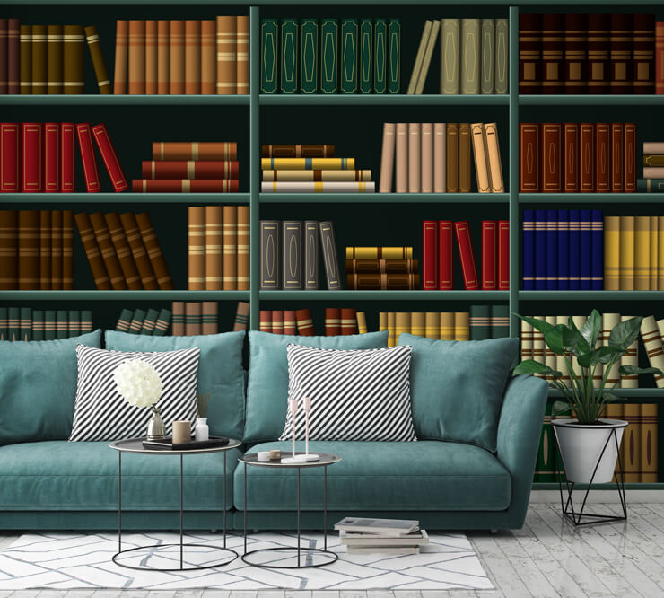 fake book decor for living rooms with the green bookshelf wall mural