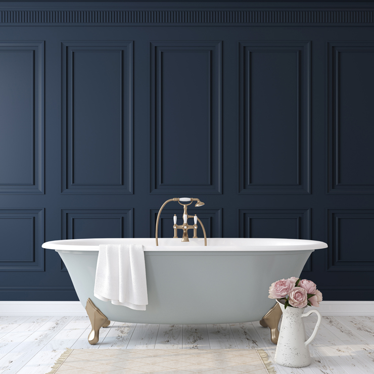 blue wood panels for a colour drenching bathroom