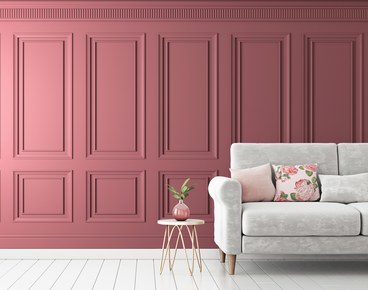 pink panels mural for colour drenching sitting room