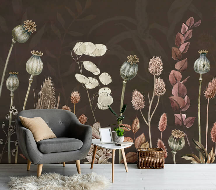 brown autumn flowers wallpaper mural for sitting room