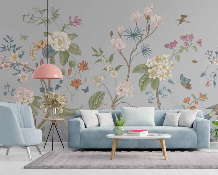 duck egg blue chinoiserie wallpaper mural called In Full Bloom