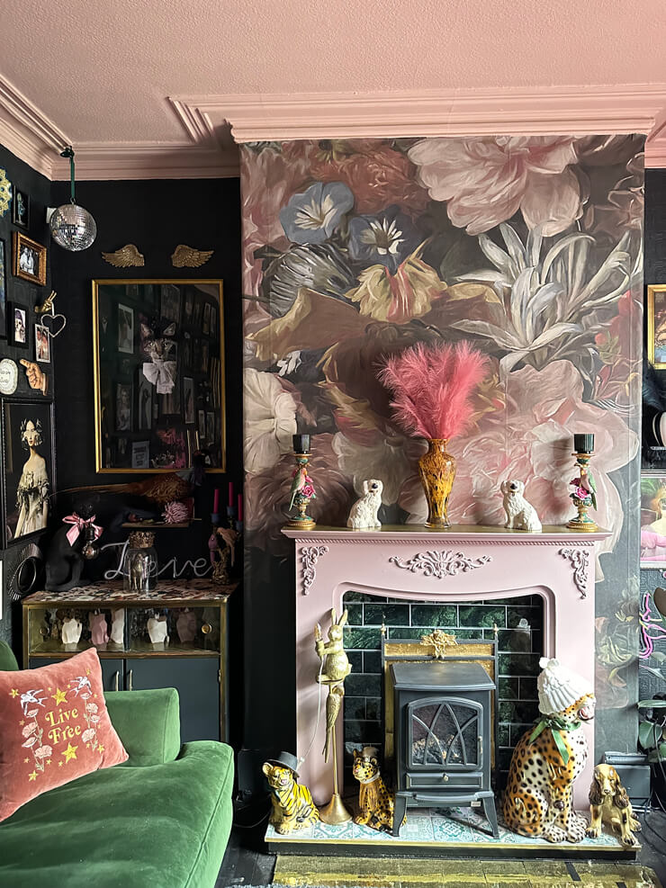 dark floral bouquet mural for a maximalist living room by Verity Jones