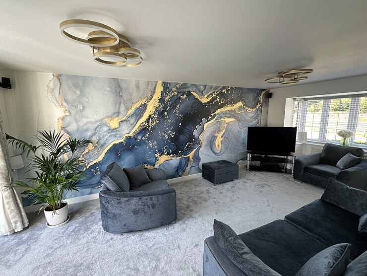 beautiful blue marble effect wallpaper mural for a living room