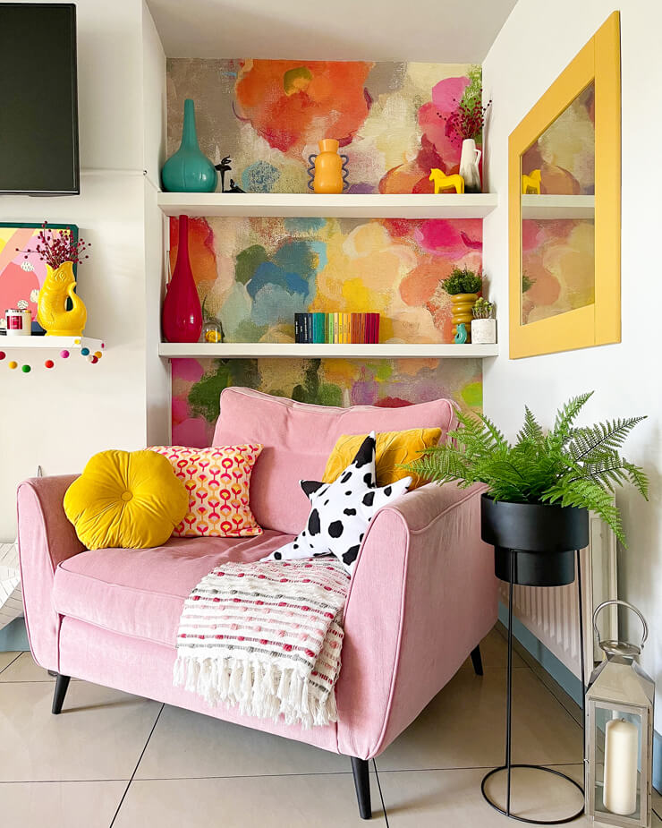 colourful garden wall mural for a maximalist living room