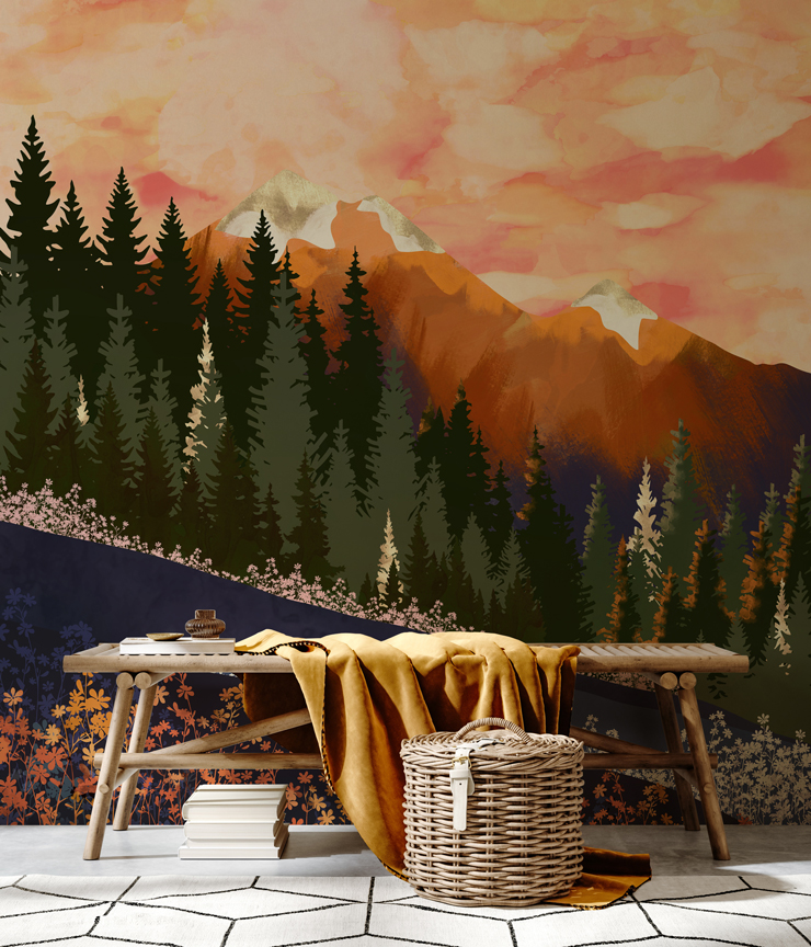 mountain dusk wall mural for mudrooms in garages