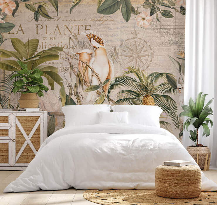 wistful nostalgic cockatoo jungle wall mural for cream bedroom