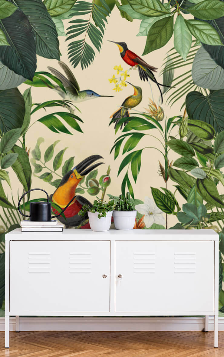 tropical birds in a jungle wall mural