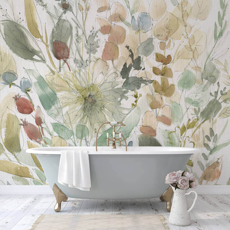 linen wildflower wall mural for bathrooms