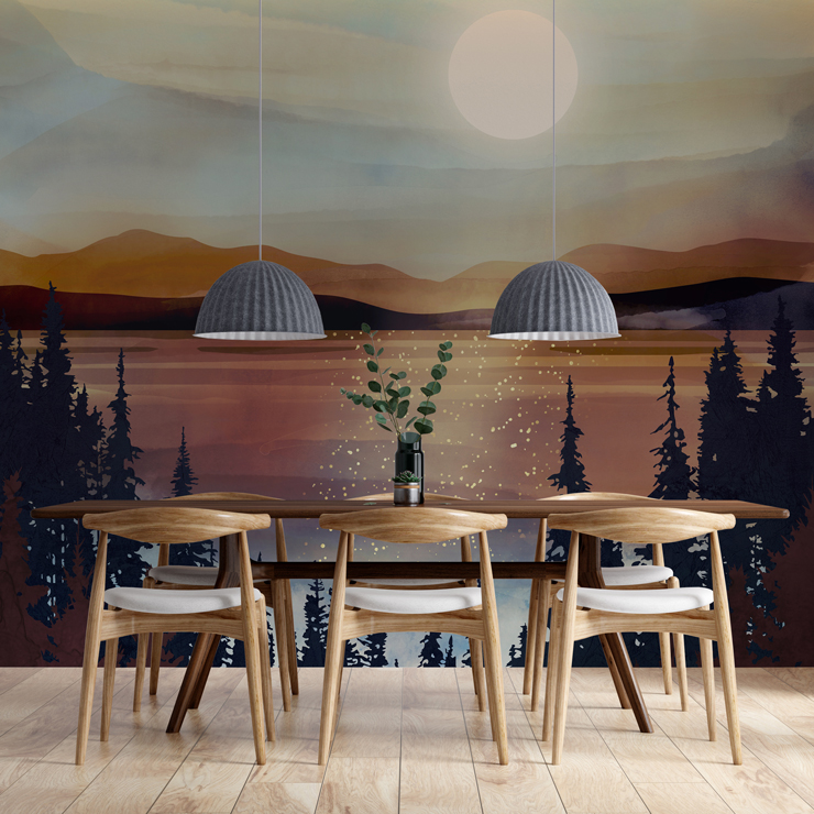 summer lake sunset wall mural for dining rooms