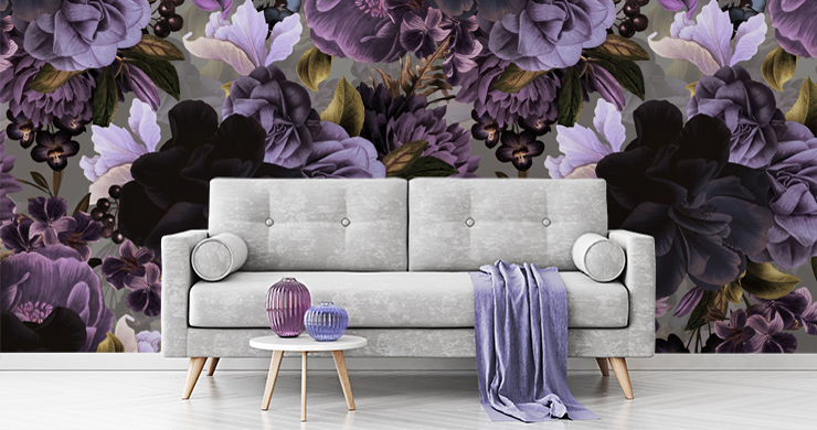 floral lilac wallpaper mural in a living room