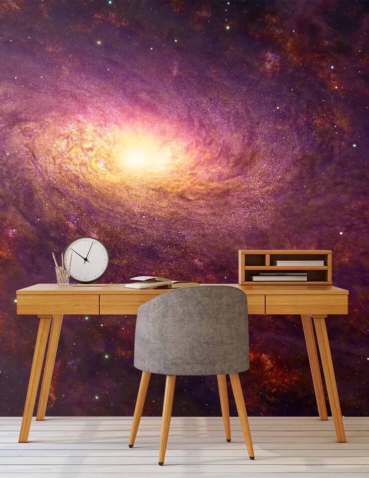 lilac galaxy mural called light in the void in a teen's bedroom